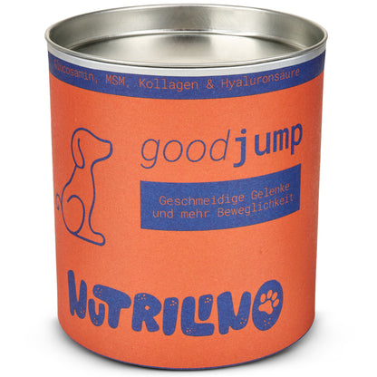 Nutrilino GoodJump Hundesnacks für Gelenke und Beweglichkeit. 300 g Dose mit ca. 100 Snacks. Ergänzungsfuttermittel für Hunde mit Glucosamin, MSM, Kollagen und Hyaluronsäure zur Unterstützung von Gelenken, Knorpel und Mobilität.
