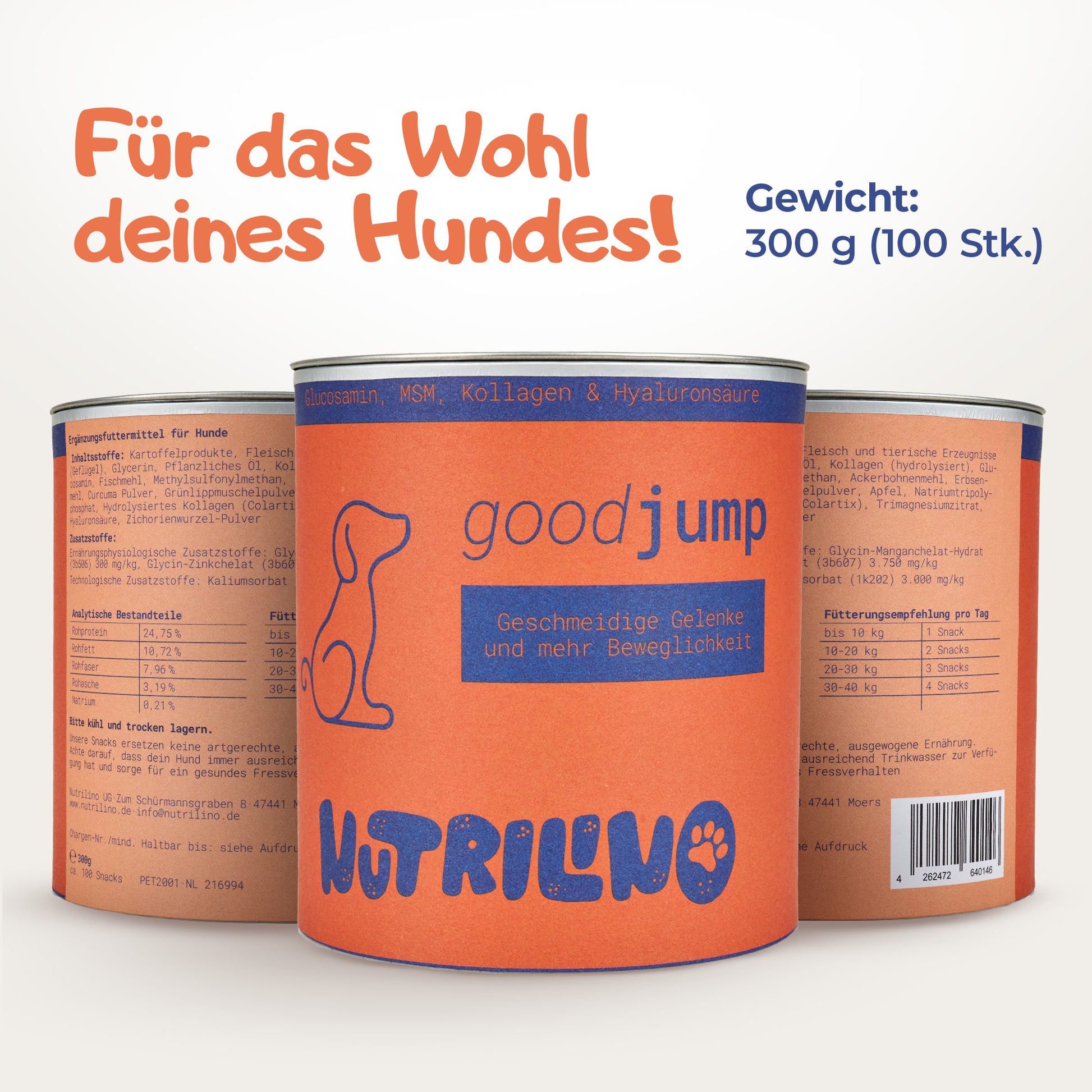 Nutrilino GoodJump Hundesnacks für Gelenke und Beweglichkeit. Vorder- und Rückseite der 300 g Dose mit ca. 100 Snacks. Ergänzungsfuttermittel für Hunde mit Glucosamin, MSM, Kollagen und Hyaluronsäure zur Unterstützung von Gelenken, Knorpel, Knochen und Mobilität. Mit Inhaltsstoffen, analytischen Bestandteilen und Fütterungsempfehlung.
