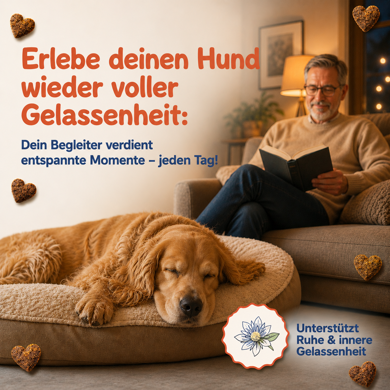 Entspannter Golden Retriever schläft auf Hundebett neben ruhigem Mann – goodVibes Beruhigungs-Snack für Hunde von Nutrilino – unterstützt Ruhe & innere Gelassenheit