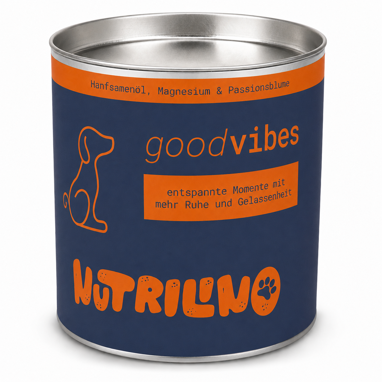 goodVibes Hunde-Snack dunkelblaue Dose – Entspannung & Ruhe Supplement mit Hanfsamenöl, Magnesium & Passionsblume von Nutrilino